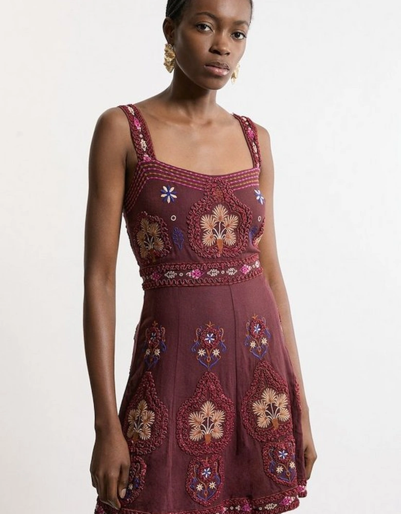 Cotton Embroidered Strappy Woven Mini Dress