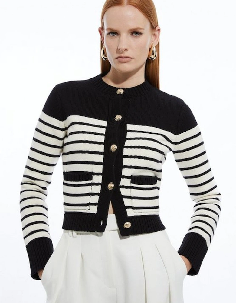 Cotton Cropped Knit Boxy Striped Cardigan