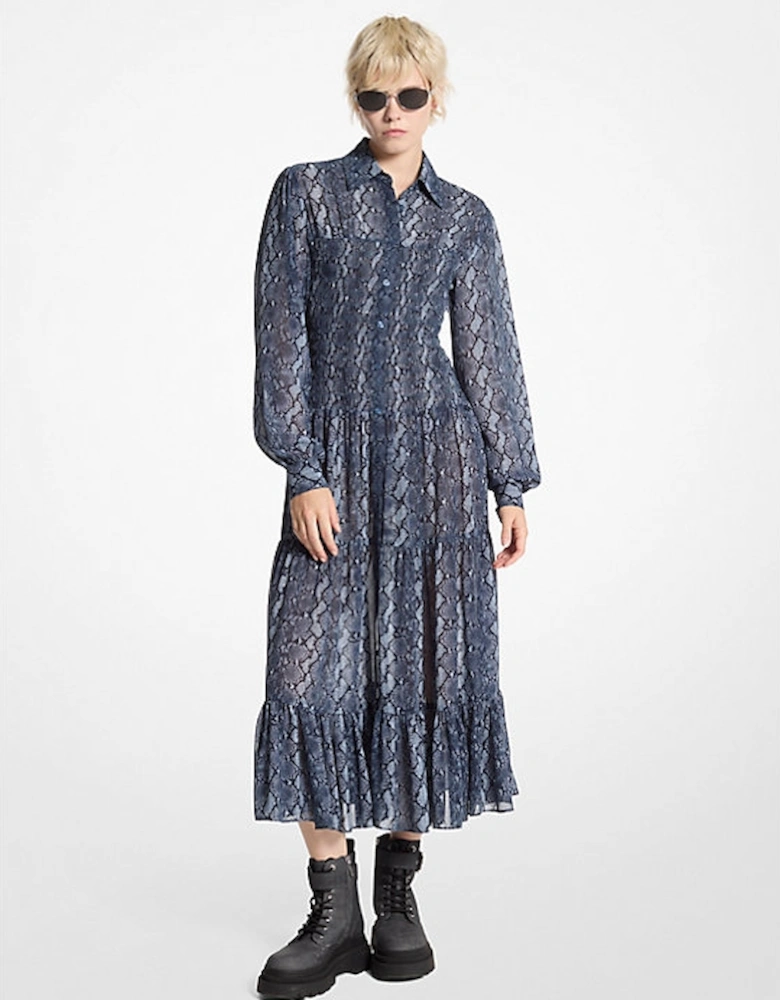 Snake Print Georgette Smocked Shirtdress