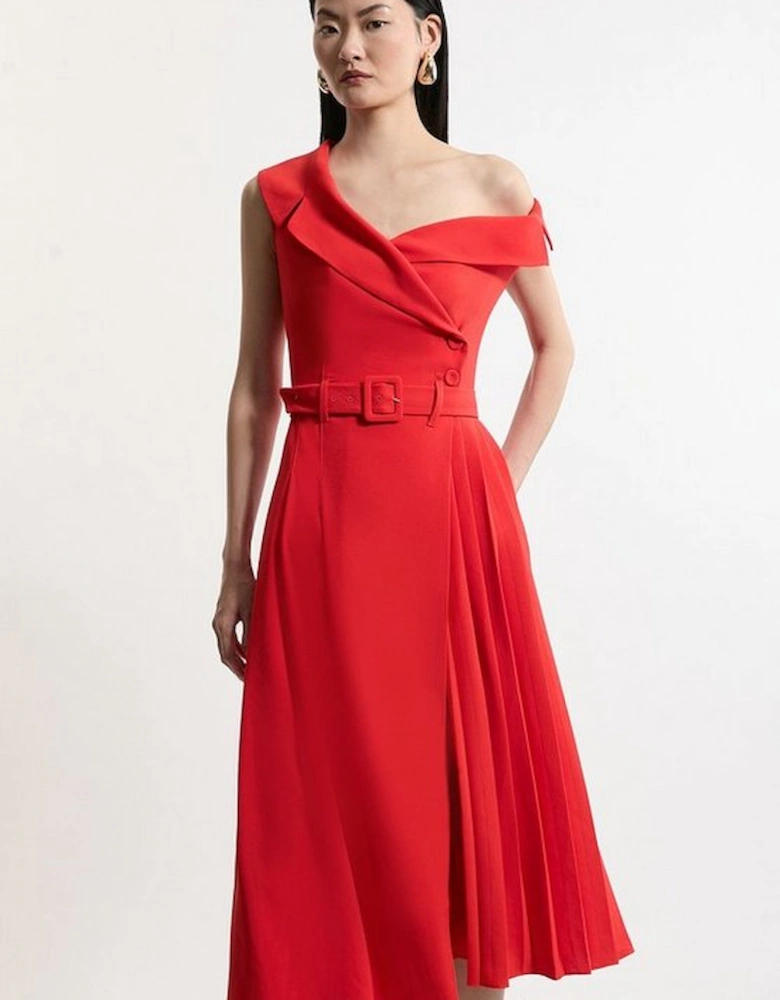 Soft Tailored Crepe One Shoulder Belted Pleated Midi Dress