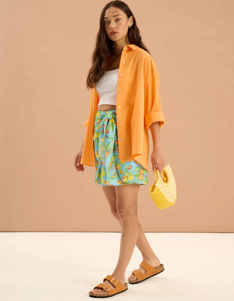 Percy Twill Frill Fruit Print Wrap Front Skirt