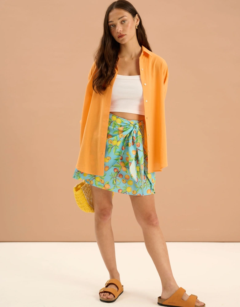 Percy Twill Frill Fruit Print Wrap Front Skirt