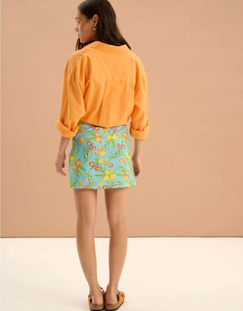 Percy Twill Frill Fruit Print Wrap Front Skirt