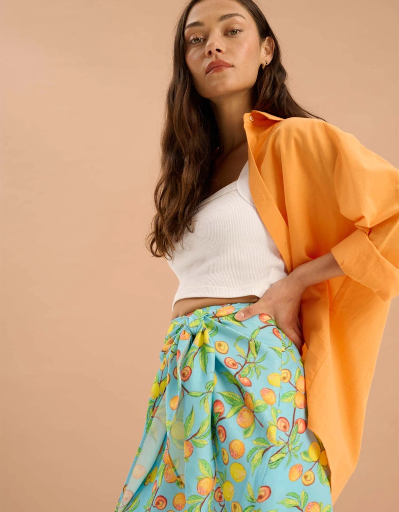 Percy Twill Frill Fruit Print Wrap Front Skirt