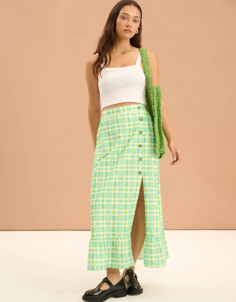 Adria Check Print Side Button Frill Hem Skirt in Green