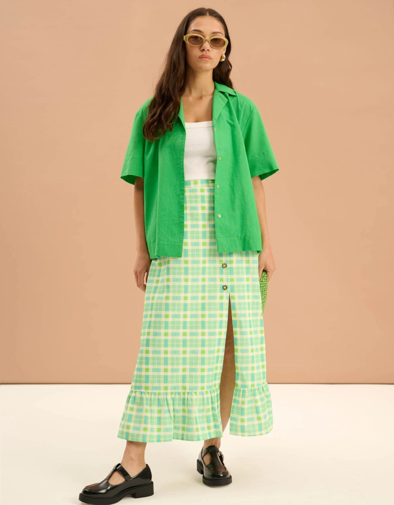 Adria Check Print Side Button Frill Hem Skirt in Green