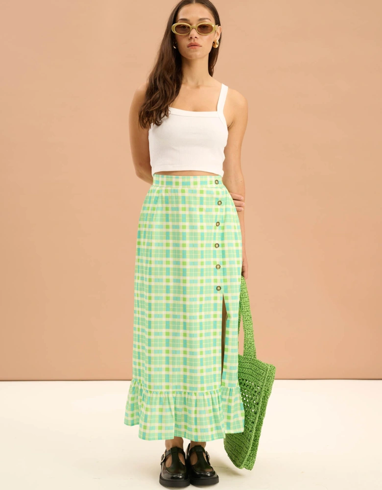 Adria Check Print Side Button Frill Hem Skirt in Green