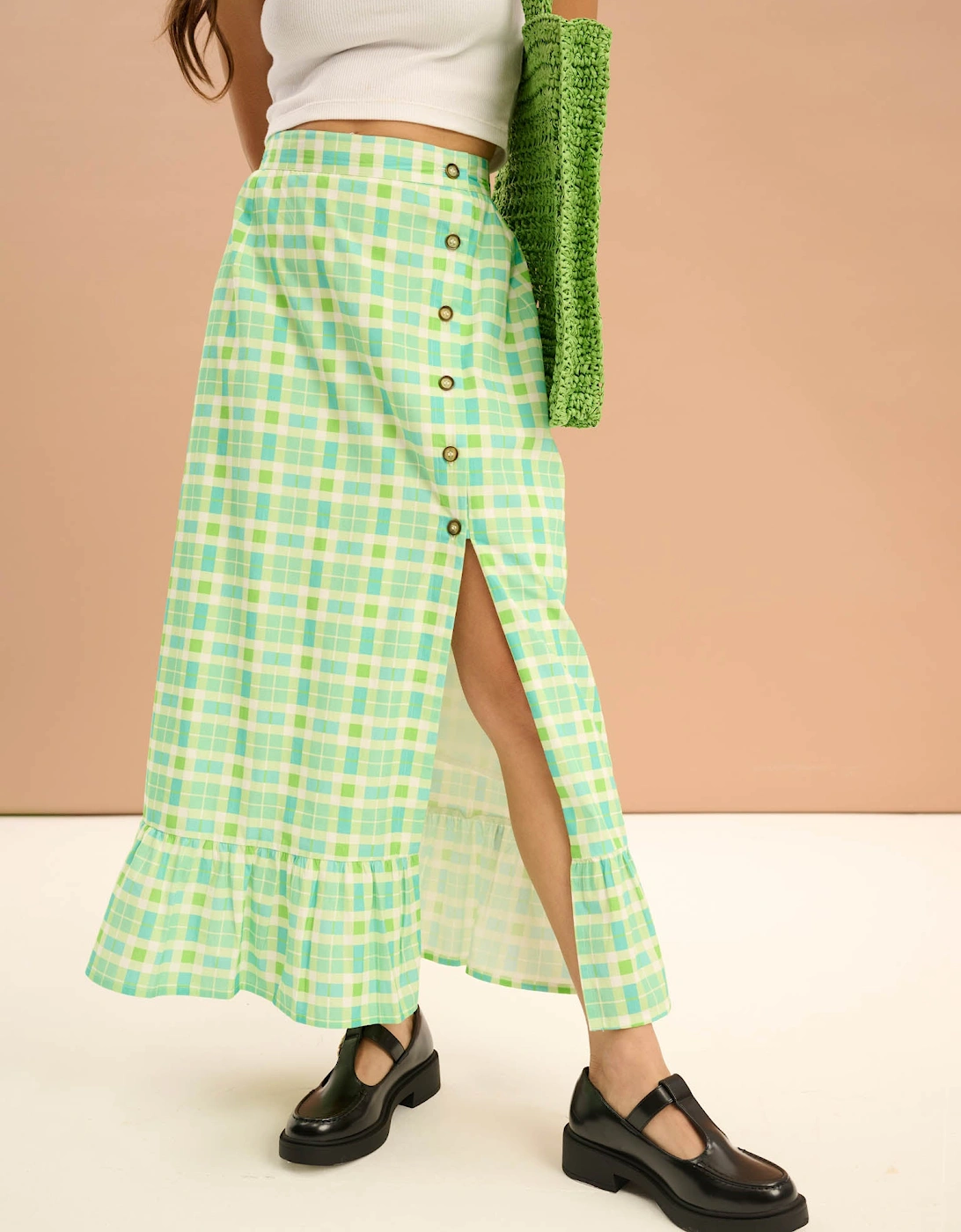 Adria Check Print Side Button Frill Hem Skirt in Green