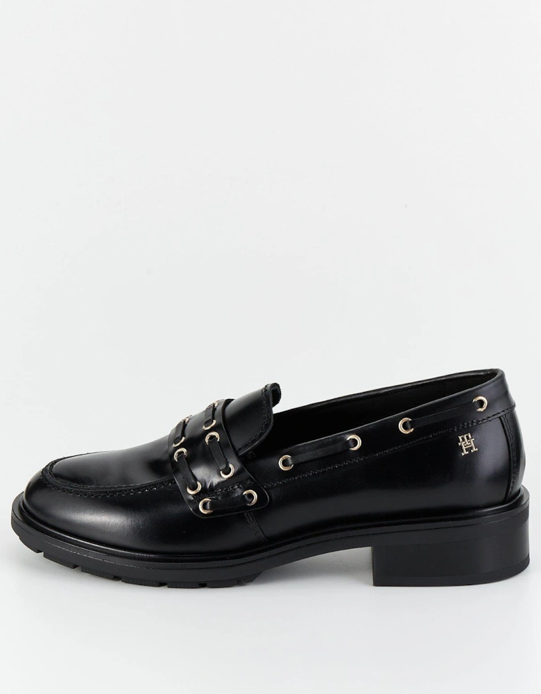 Eyelet Detail Leather Loafers - Black