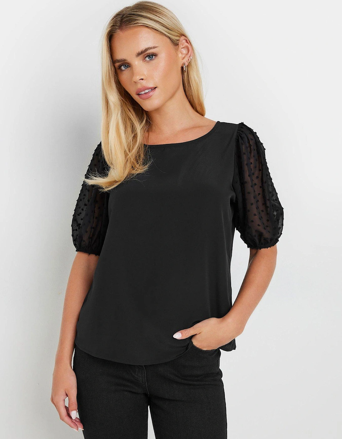 Petite Dobby Sleeve Blouse - Black, 2 of 1