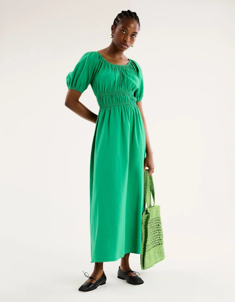 Arya Shirred Detail Round Neck Dress in Green