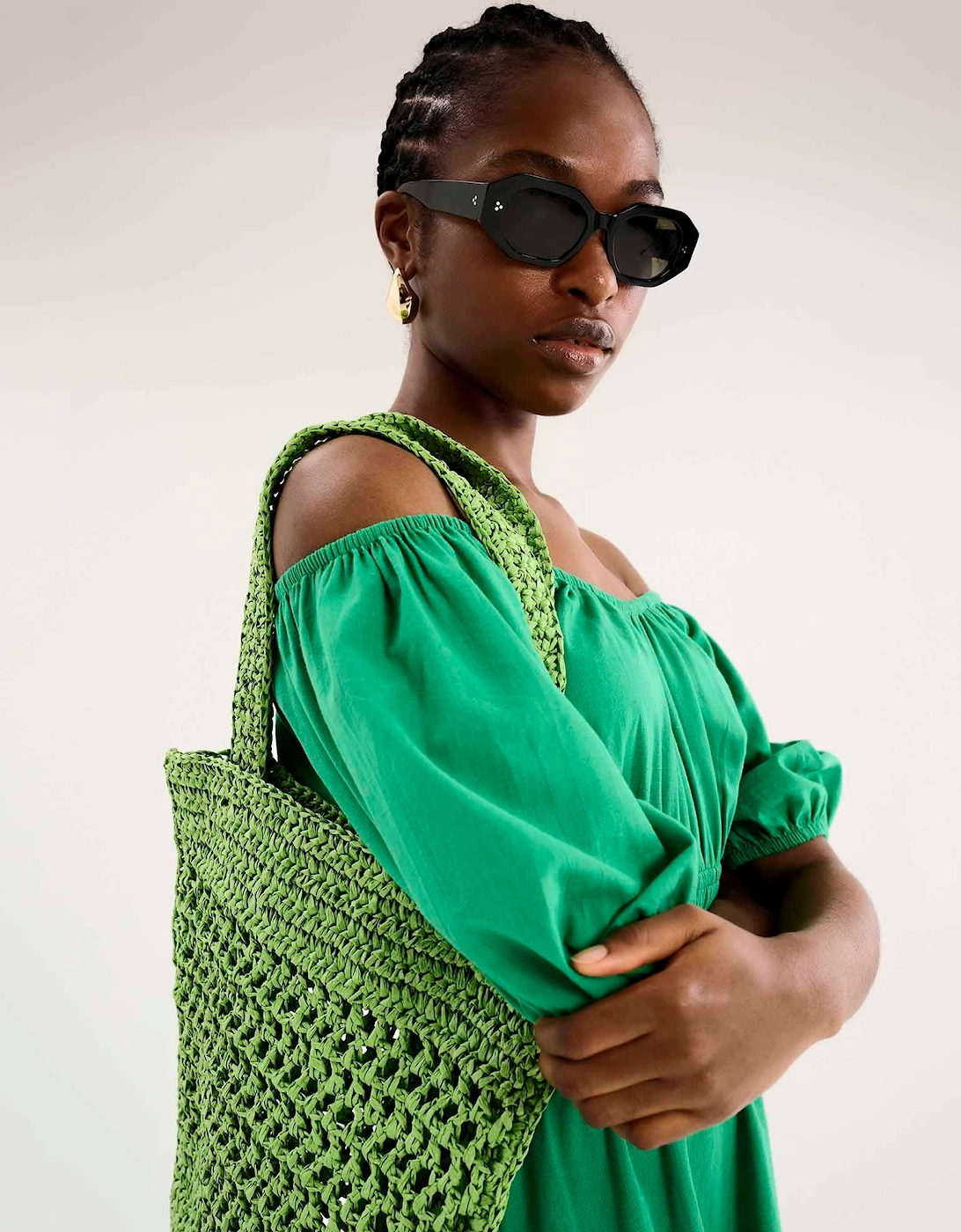 Arya Shirred Detail Round Neck Dress in Green