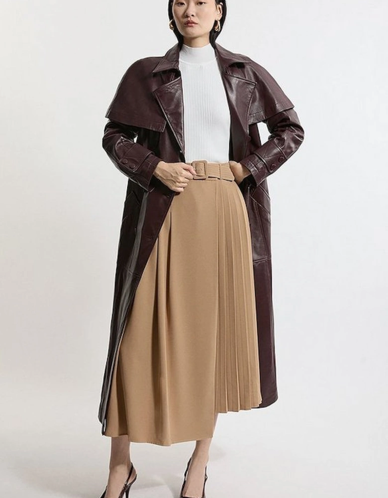 Soft Tailored Crepe Belted Pleated Midi Skirt