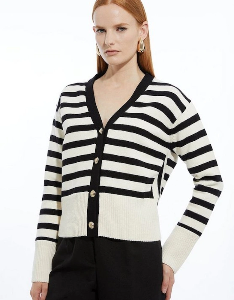 Cotton V Neck Knit Boxy Striped Cardigan