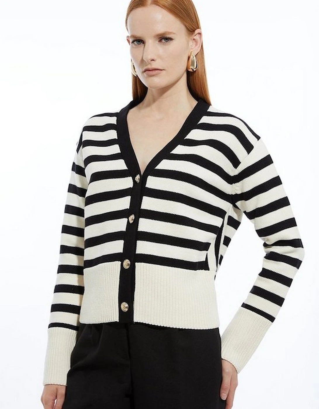 Cotton V Neck Knit Boxy Striped Cardigan, 5 of 4