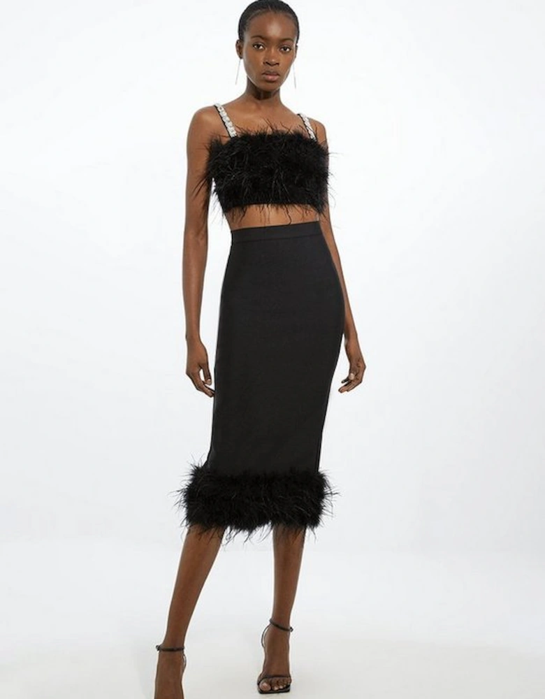 Figure Form Bandage Knit Feather Hem Midi Skirt