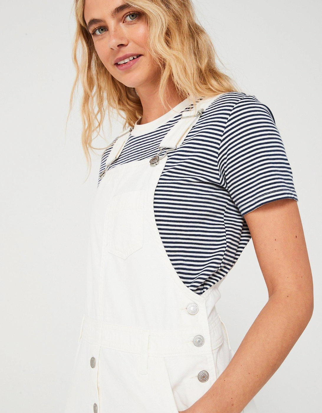 Pinafore Denim Midi Jumper Dress - White