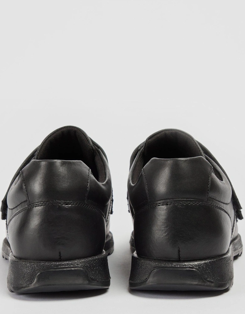 Aran Black Leather Double Strap School Shoe - Black