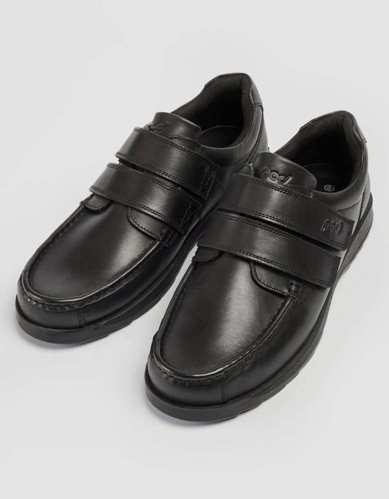 Aran Black Leather Double Strap School Shoe - Black