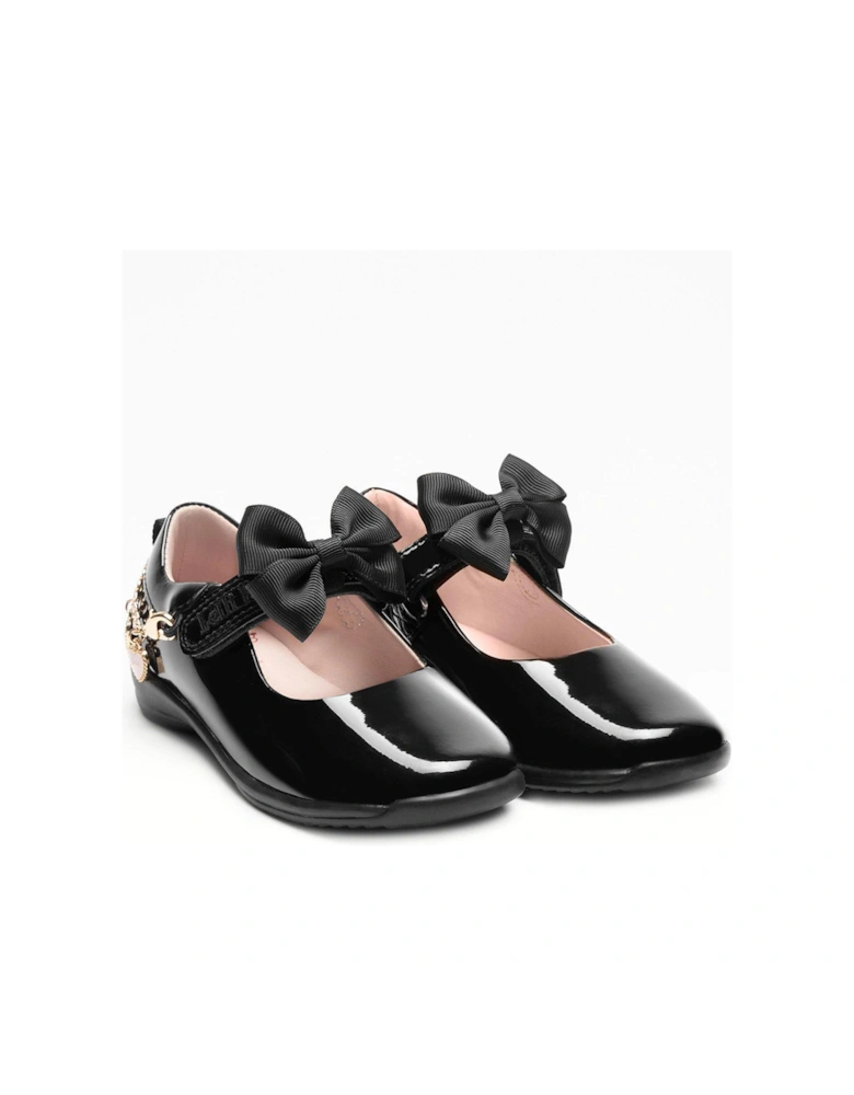 Annie Bracelet Removeable Bow Patent School Shoe - Black