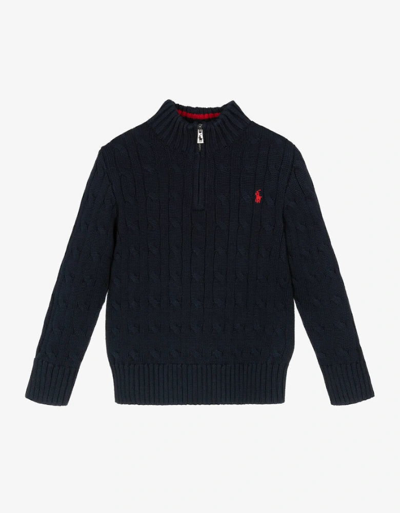 NAVY CABLE KNIT PULLOVER