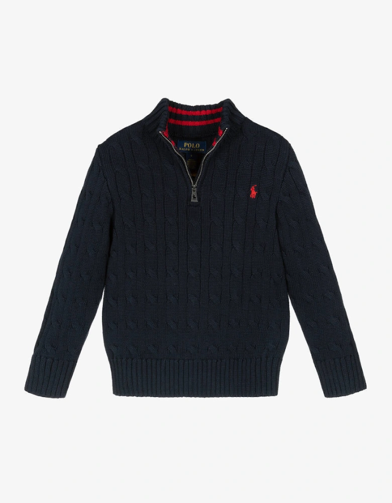 NAVY CABLE KNIT PULLOVER