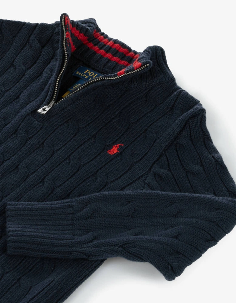 NAVY CABLE KNIT PULLOVER