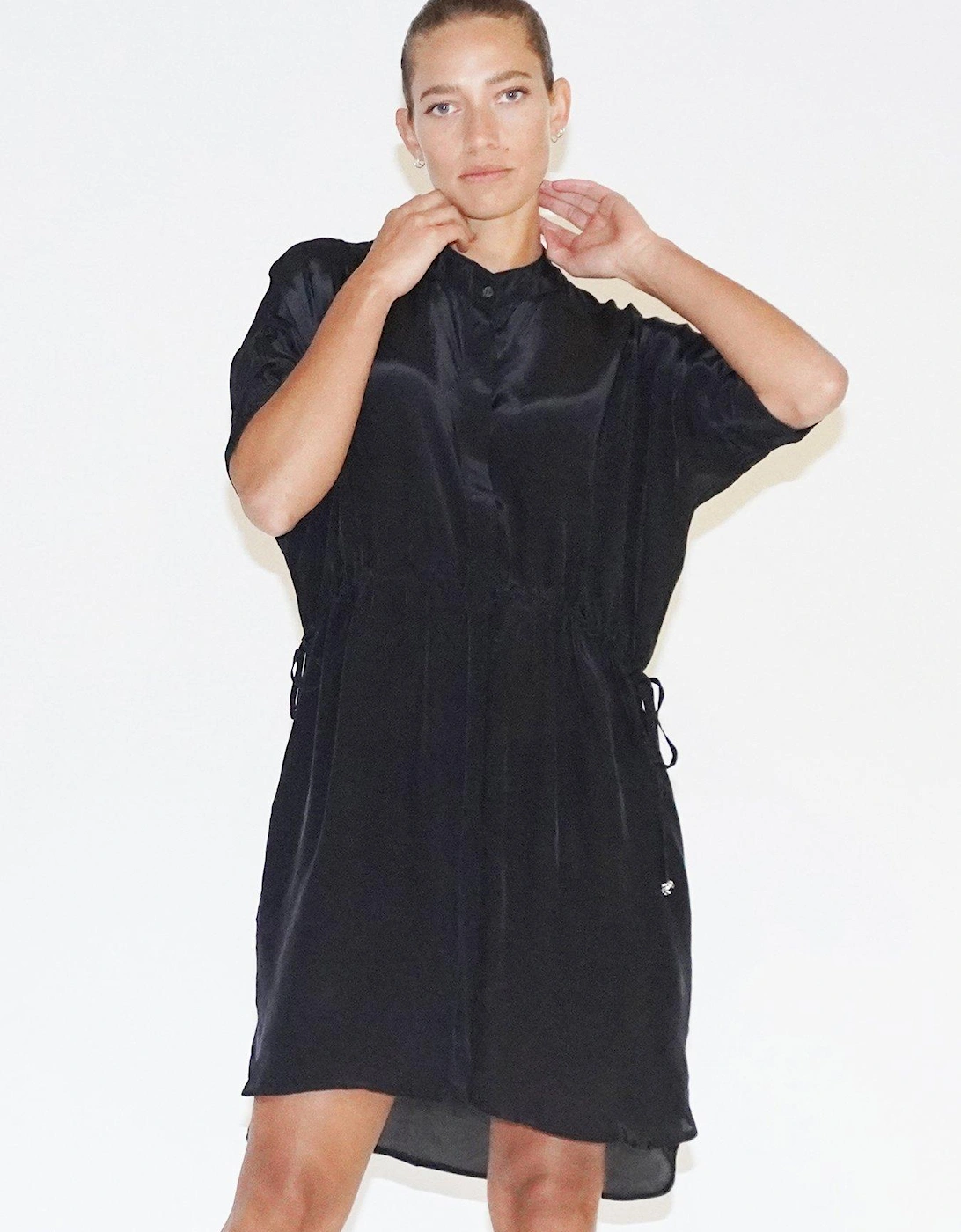 Loose Fitting Tunic Shirt Dress With Tie Waist - Black