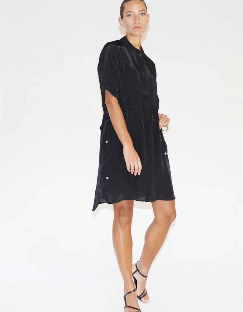 Loose Fitting Tunic Shirt Dress With Tie Waist - Black