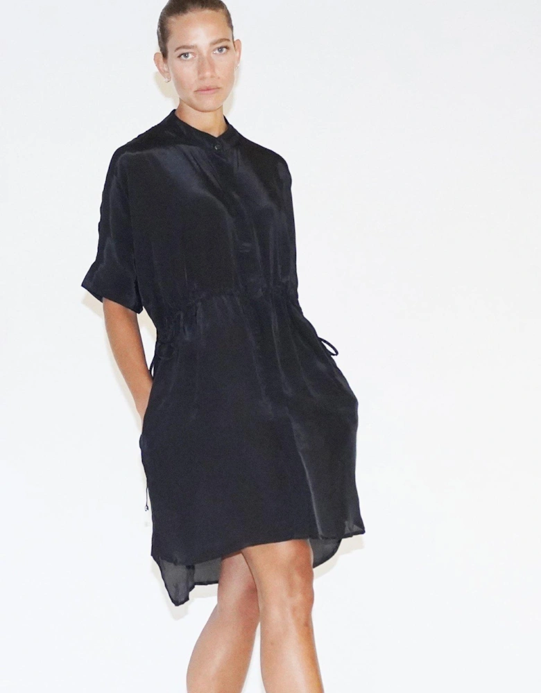 Loose Fitting Tunic Shirt Dress With Tie Waist - Black