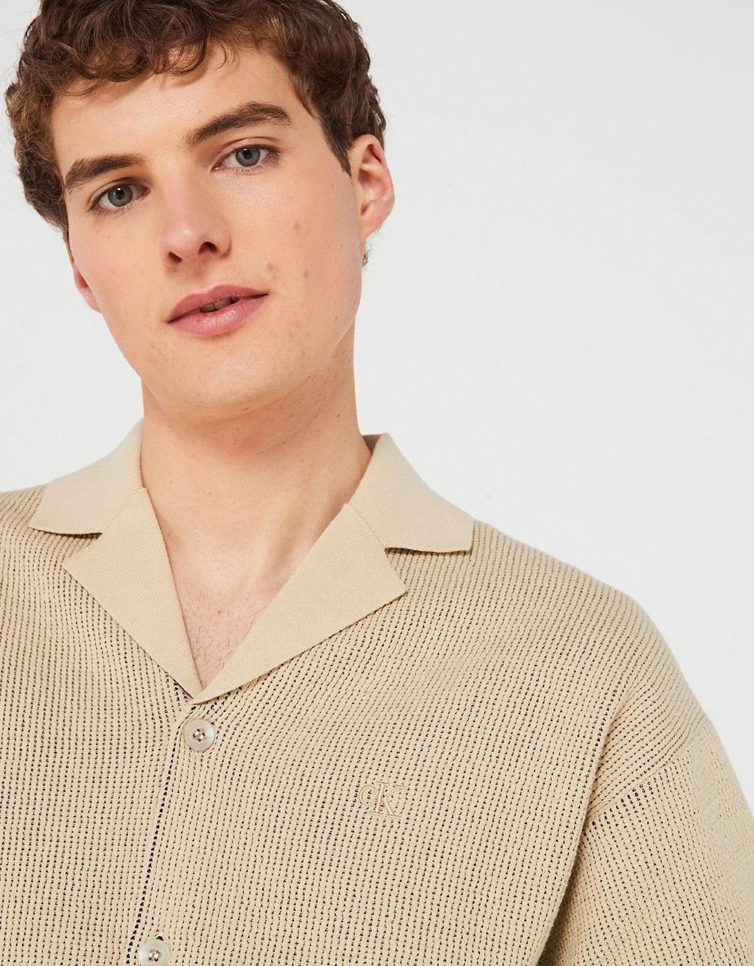 Cuban Knitted Short Sleeve Shirt - Beige