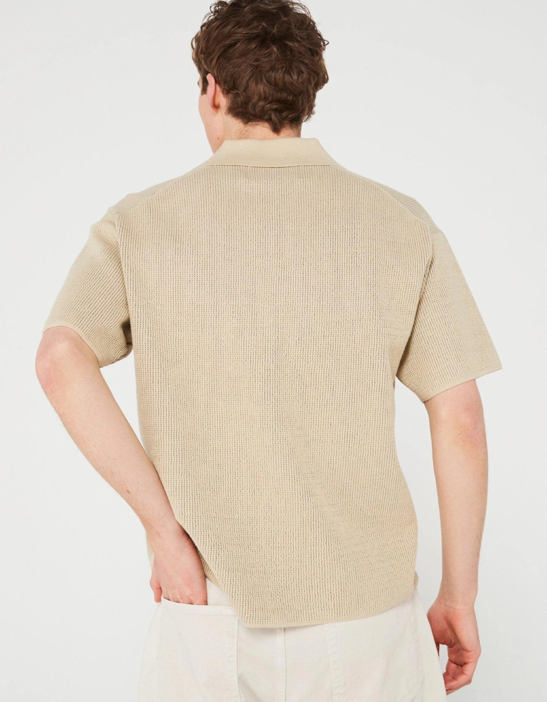 Cuban Knitted Short Sleeve Shirt - Beige