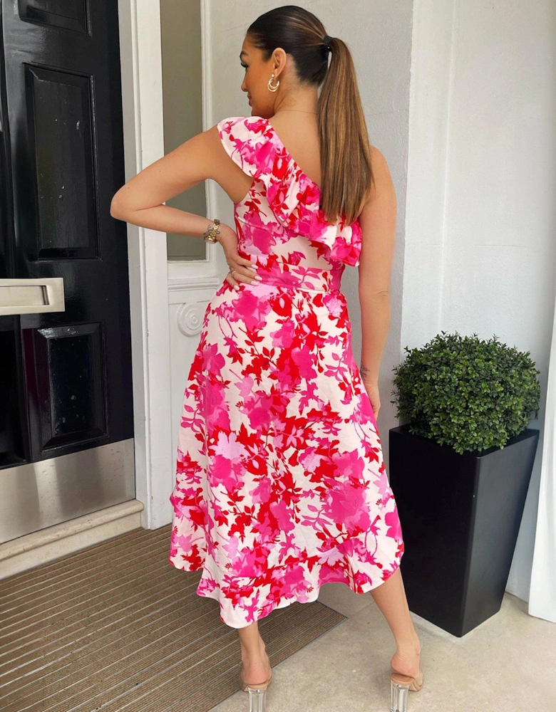 One Shoulder Frill Detail Dipped Hem Dress - Pink Floral