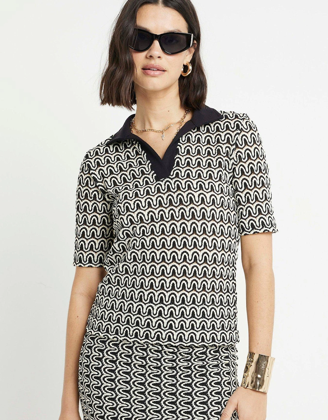 Printed Crochet Polo Top Co-Ord - Black