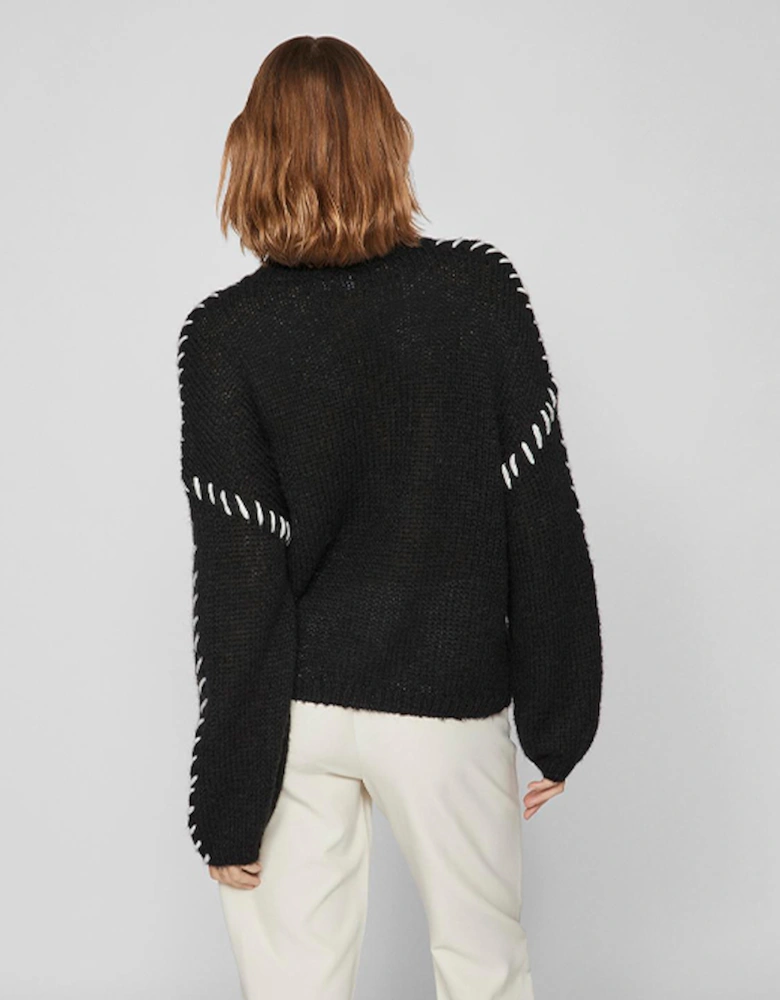 Women's Vichoca New Long Sleeve Knitted Pullover Black White Stitch