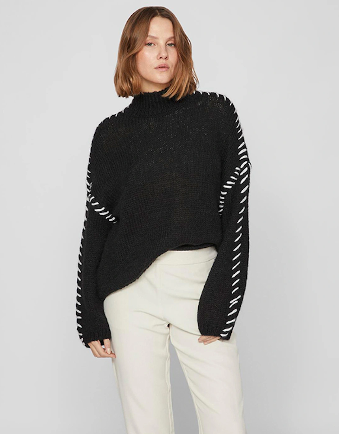 Women's Vichoca New Long Sleeve Knitted Pullover Black White Stitch, 8 of 7
