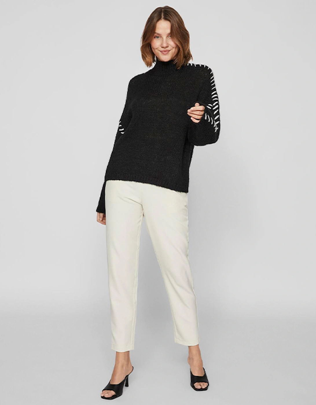 Women's Vichoca New Long Sleeve Knitted Pullover Black White Stitch