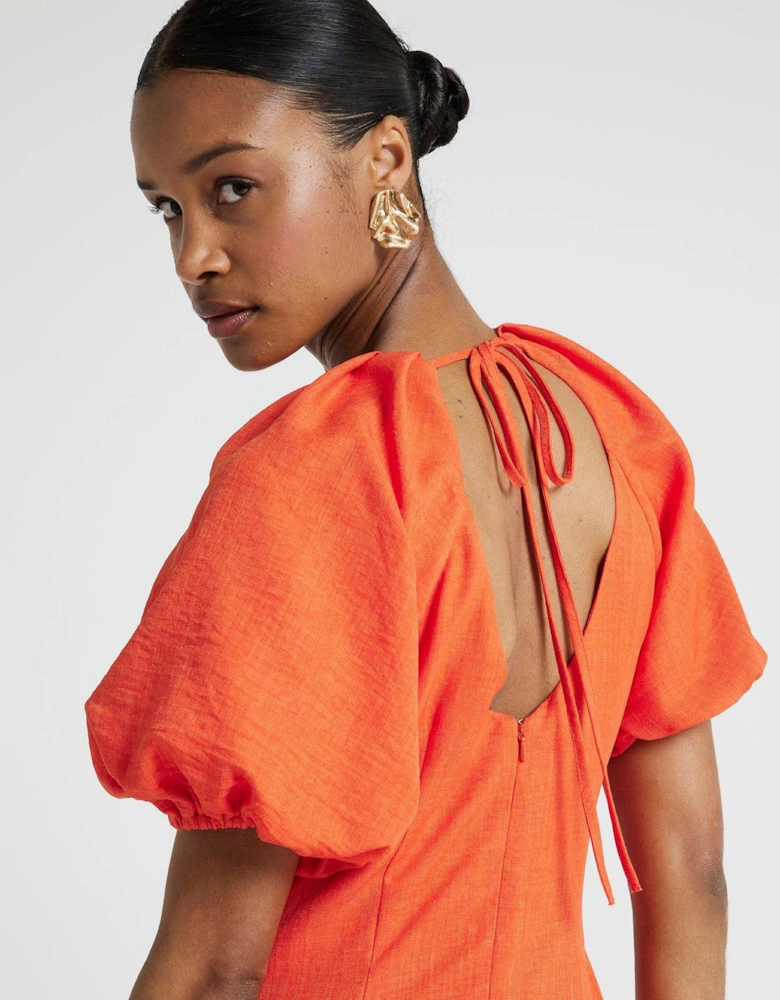 Puff Detail Ruched Midi Dress - Coral