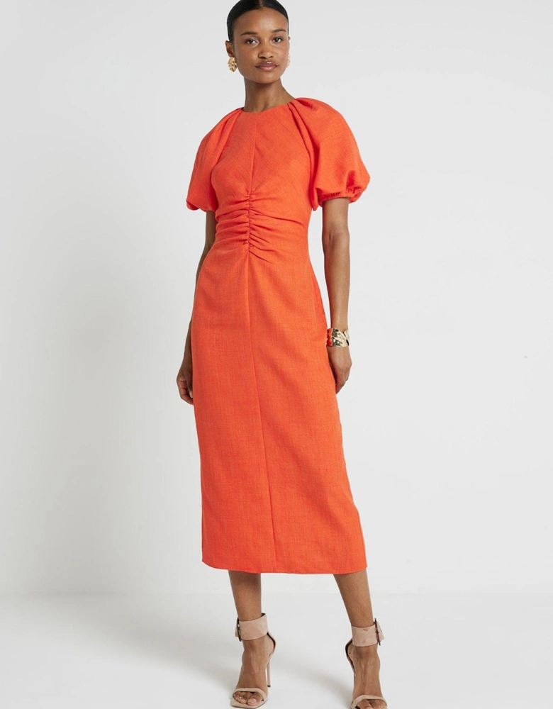 Puff Detail Ruched Midi Dress - Coral