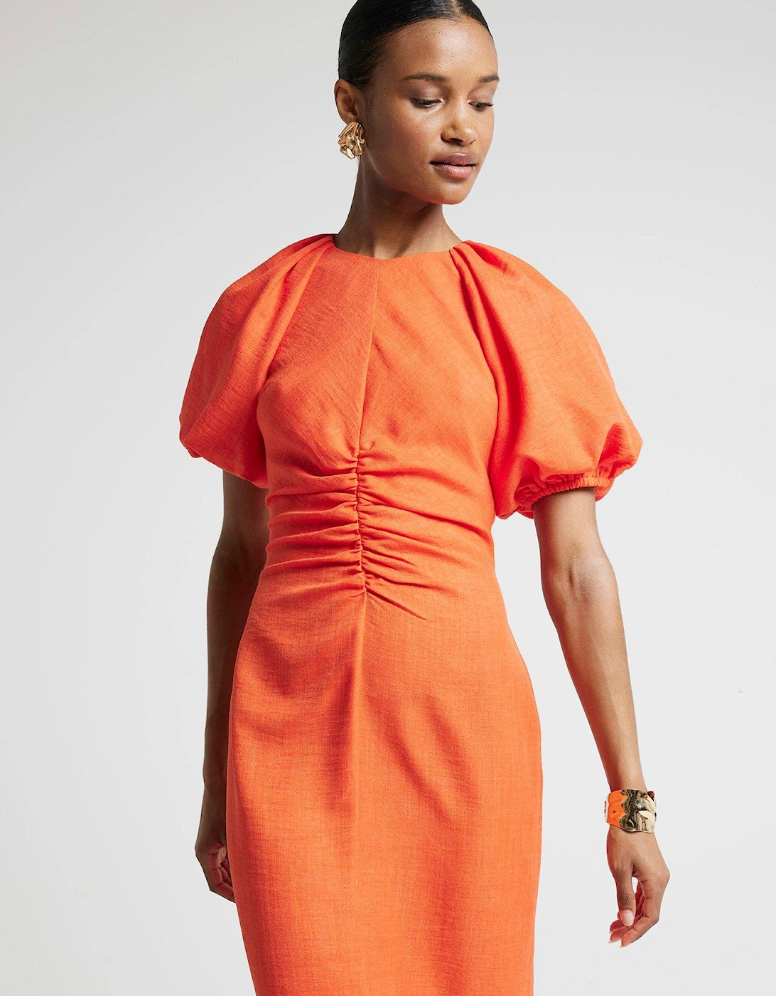 Puff Detail Ruched Midi Dress - Coral