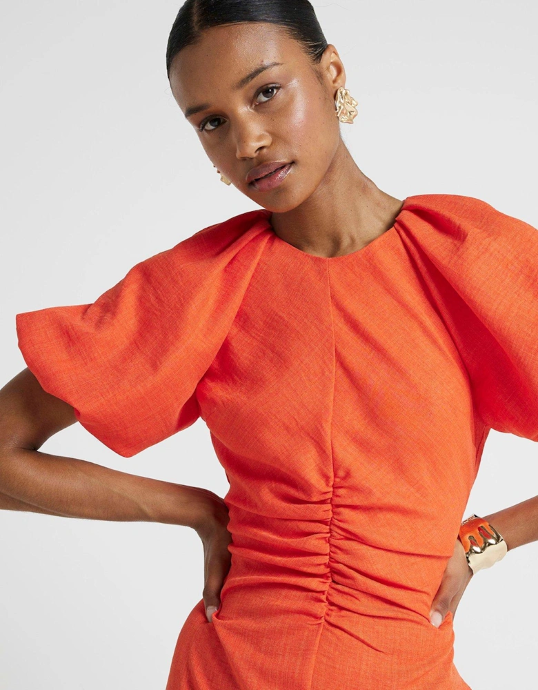 Puff Detail Ruched Midi Dress - Coral