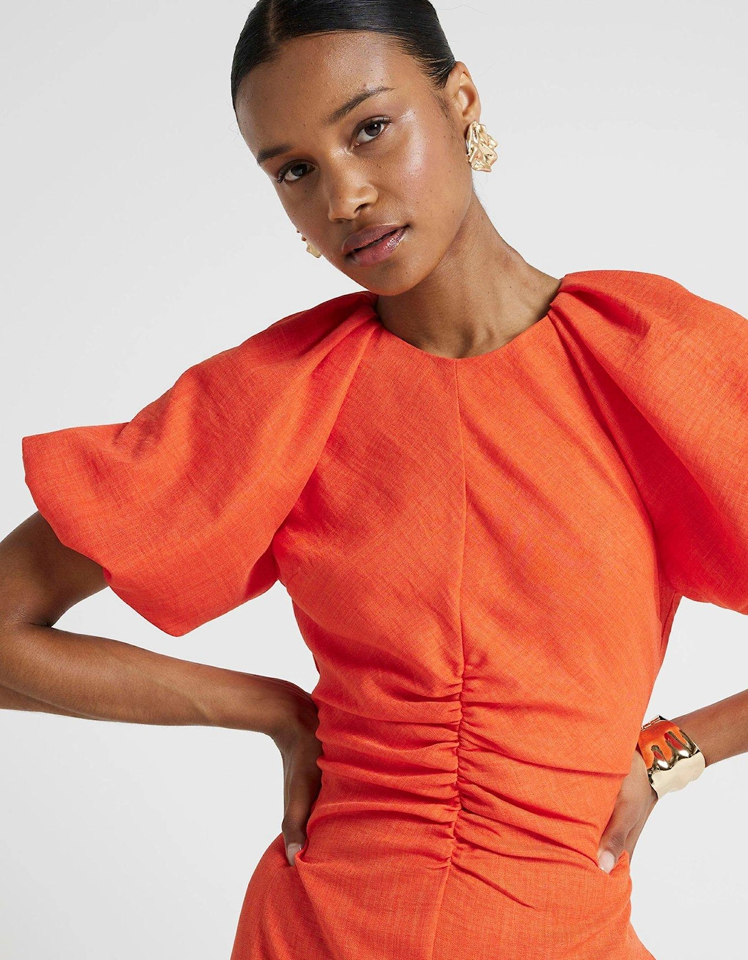 Puff Detail Ruched Midi Dress - Coral