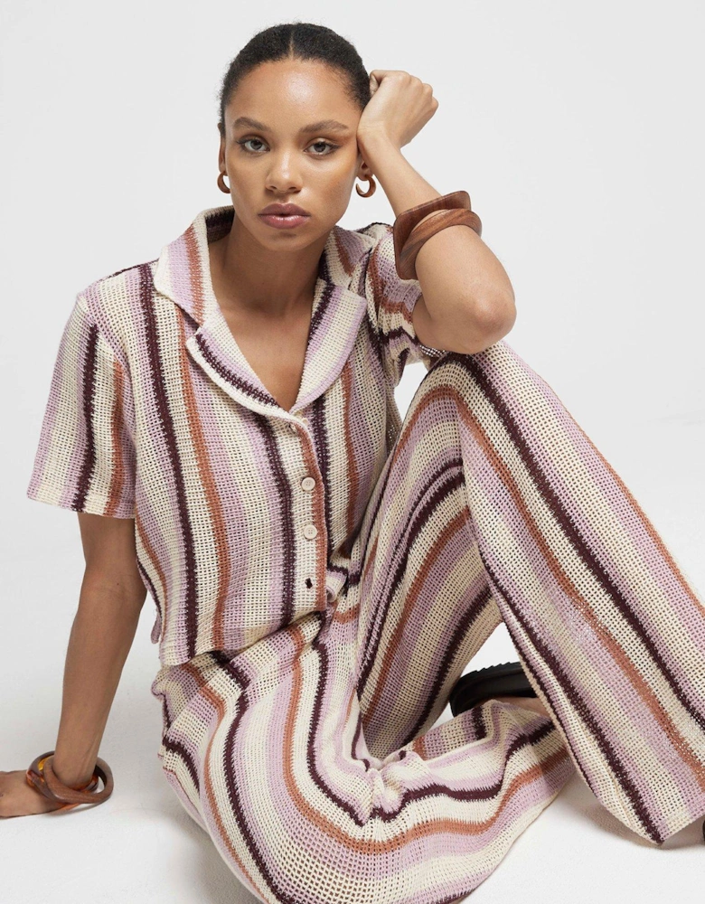 Stripe Crochet Wide Leg Trouser - Medium Pink