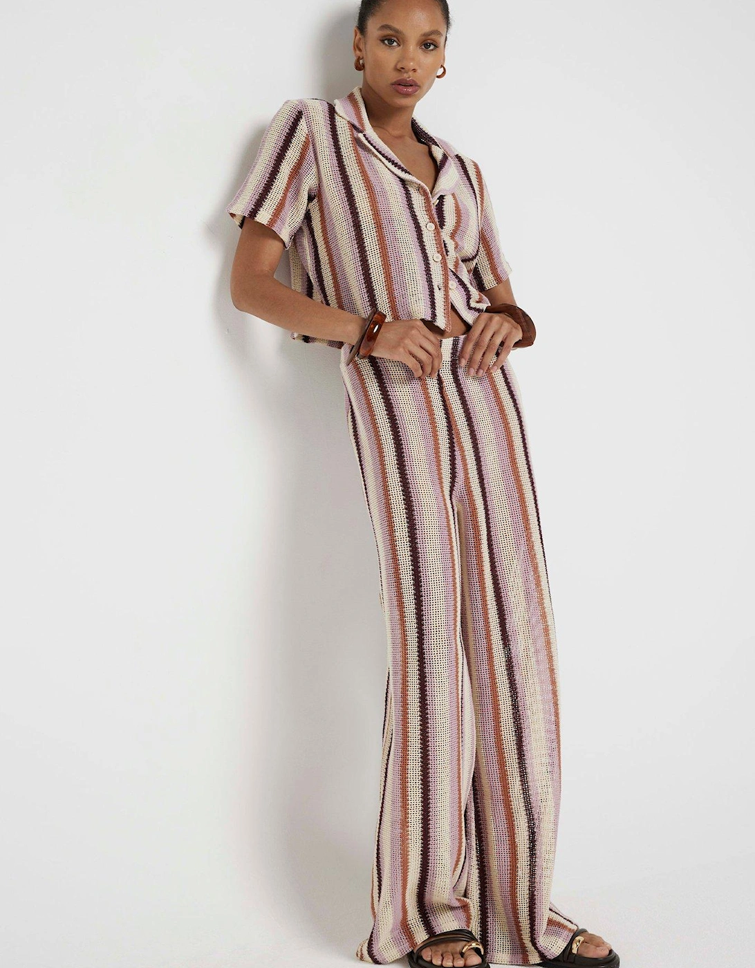 Stripe Crochet Wide Leg Trouser - Medium Pink