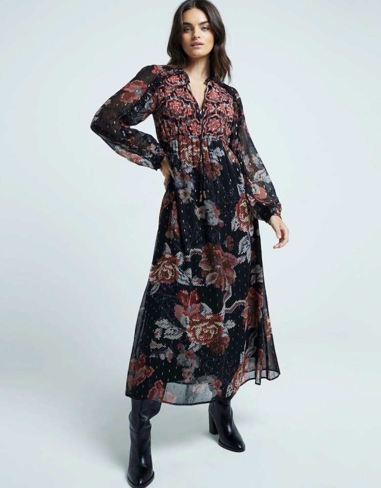 Floral Smock Midi Dress - Multicolour - Black