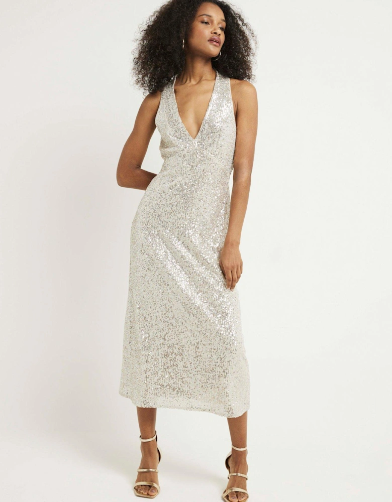 Halterneck Sequin Maxi Dress - Silver