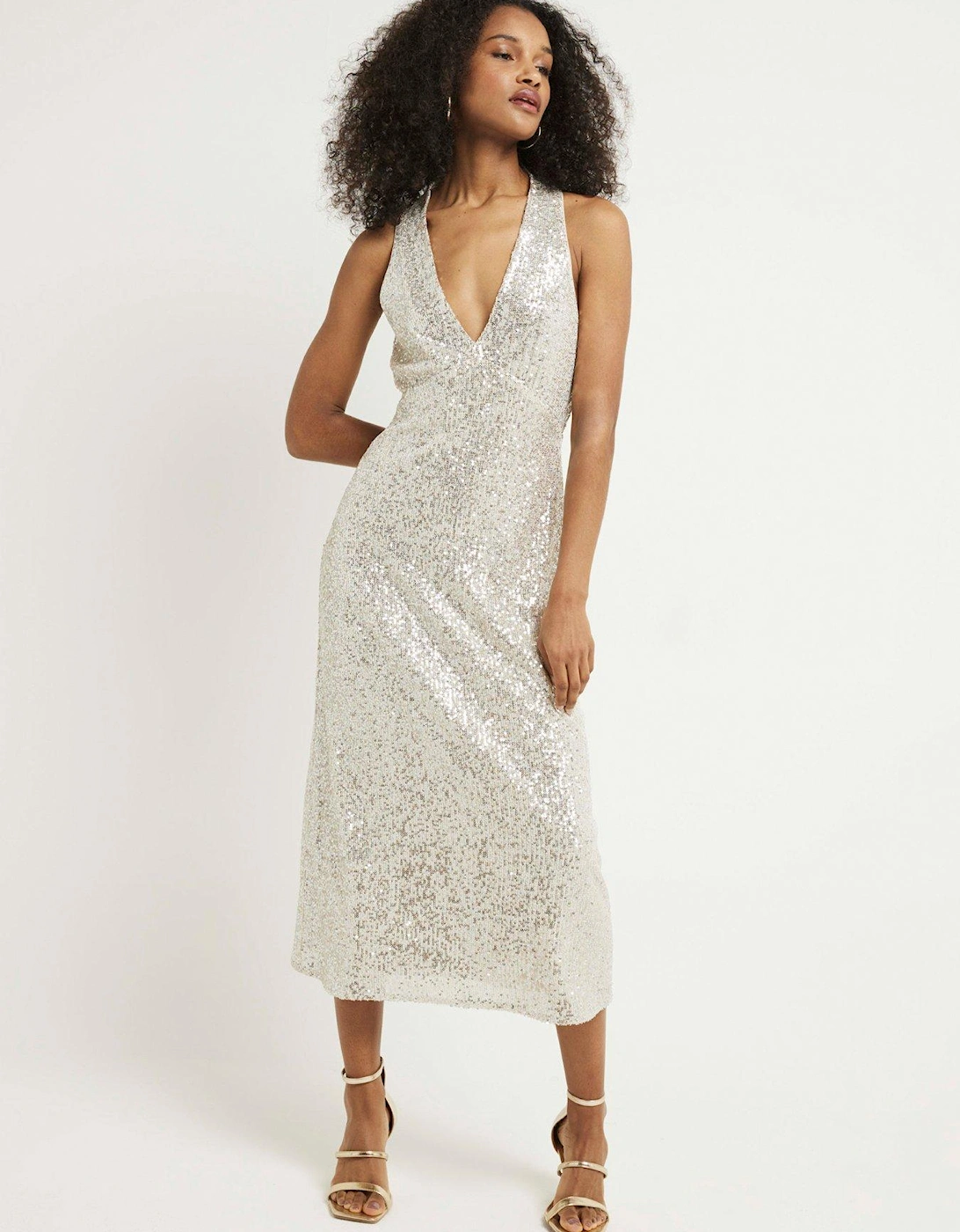 Halterneck Sequin Maxi Dress - Silver, 5 of 4