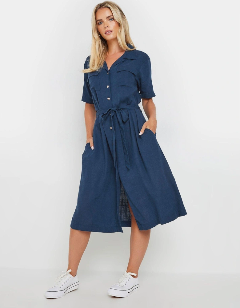 Petite Navy Linen Shirt Dress