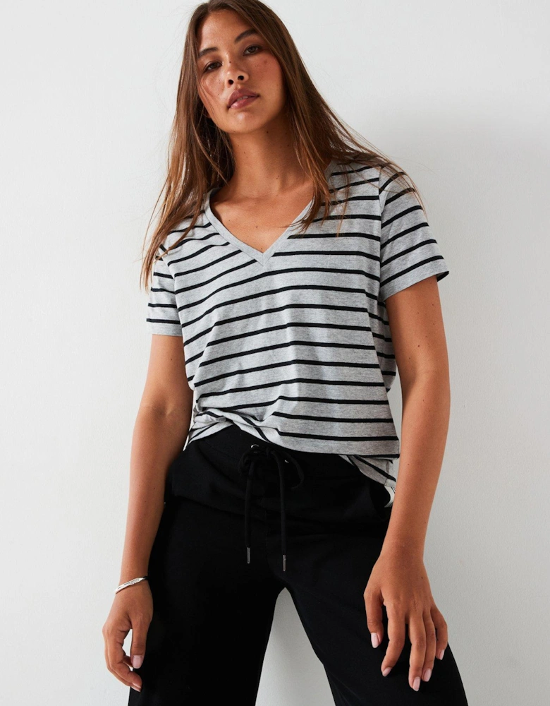 The Essential V Neck Stripe T-Shirt - Grey/Black Stripe