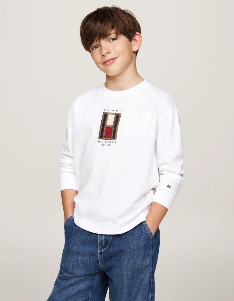 Boys Flag Embroidered Long Sleeve T-shirt - White